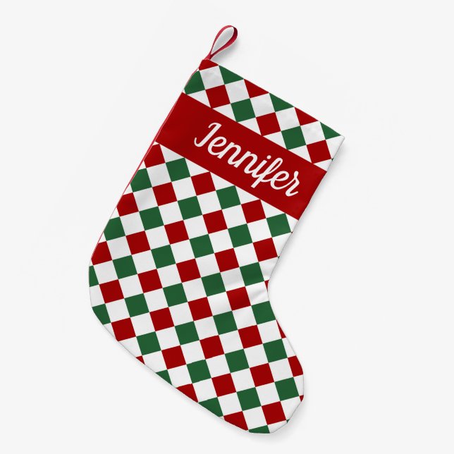 Festive Red And Green Checks Script Name Small Christmas Stocking (Front (Hanging))