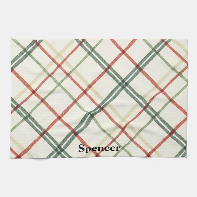 Festive Red and Green Crosshatch Plaid Christmas Tea Towel (Horizontal)