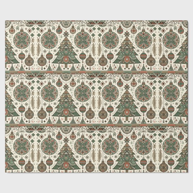 Festive Red and Green Folk Art Christmas Wrapping Paper (Seam)