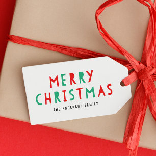 Festive Red and Green Merry Christmas Typography Gift Tags