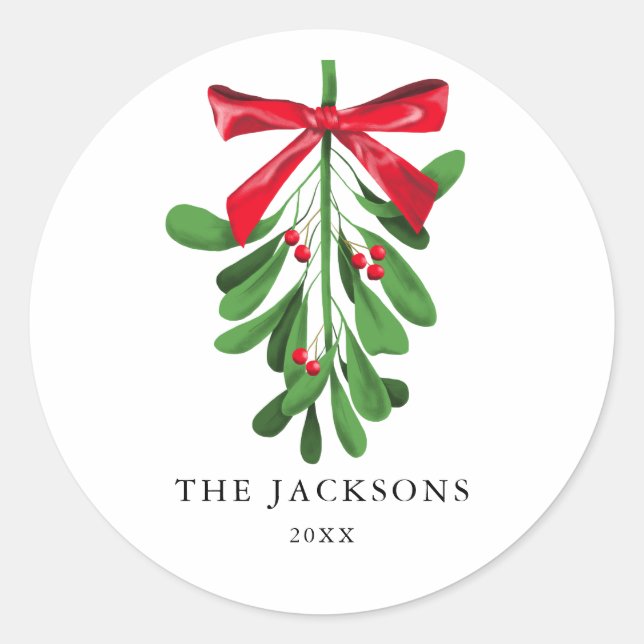 Festive Red and Green Mistletoe Holiday Classic Round Sticker (Front)