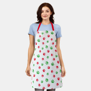 Festive Red and Green Paw Prints Pattern on White Apron
