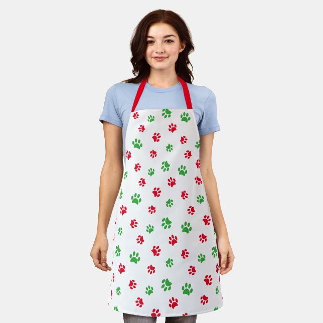 Festive Red and Green Paw Prints Pattern on White Apron (Worn)