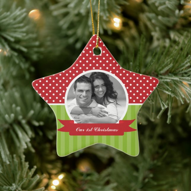 Festive Red and Green Photo Christmas Ceramic Tree Decoration (Tree)