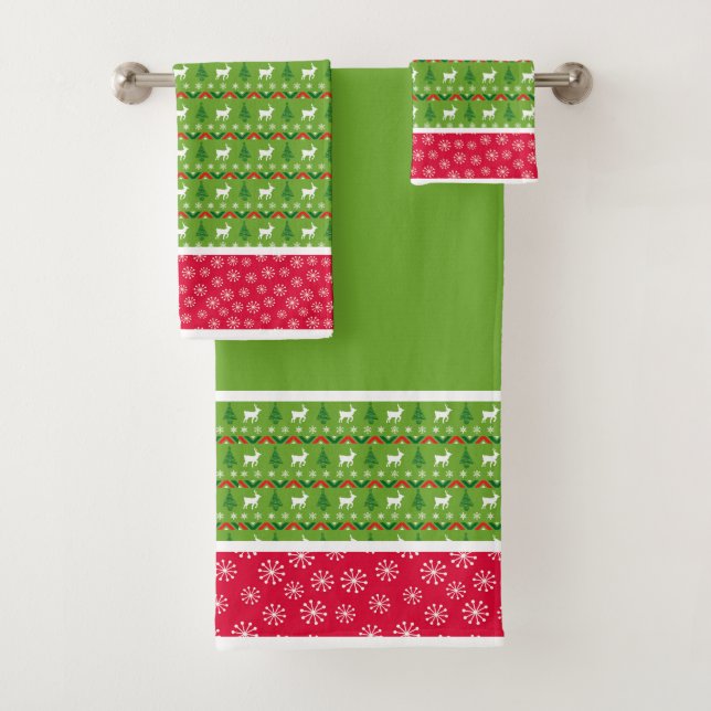 Festive Red and Green Reindeers, Trees, Snowflakes Bath Towel Set (Insitu)