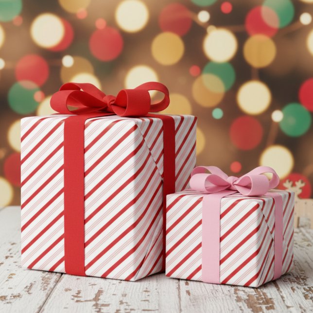 Festive Red and Pink Christmas Candy Cane Stripes Wrapping Paper (Modern Christmas Red and Pink Candy Cane Stripes Pattern Wrapping Paper for Kids. Chic Cute Stripes)