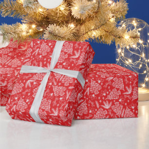 Festive Red and White Christmas Tree and Holly Wrapping Paper