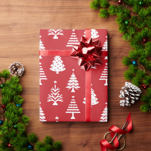 Festive Red and White Christmas Tree Pattern Wrapping Paper