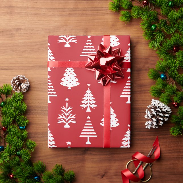 Festive Red and White Christmas Tree Pattern Wrapping Paper (Holiday Gift)