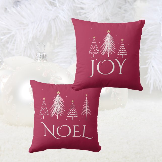 Festive Red and White Christmas Trees JOY NOEL Cushion (Festive Red and White Christmas Trees JOY NOEL Throw Pillow)