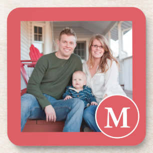 Festive Red and White Monogram Photo Coaster