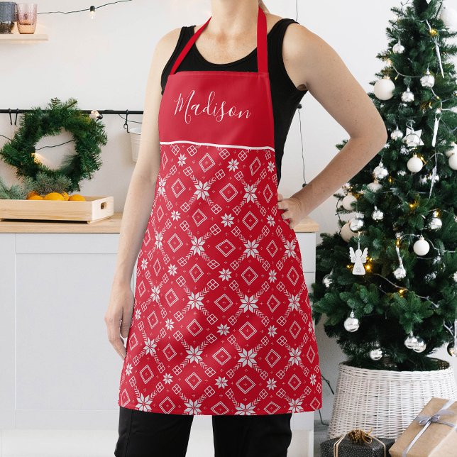 Festive Red and White Nordic Snowflake Pattern Apron (Creator Uploaded)