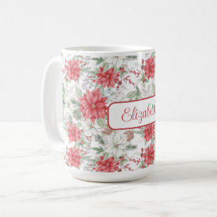 Festive Red and White Poinsettias Monogrammed Coffee Mug