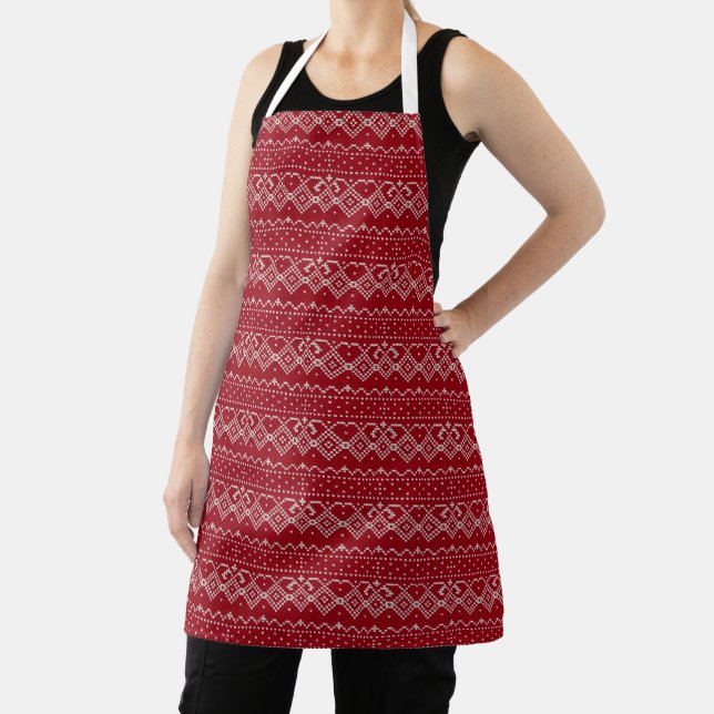 Festive Red and White Scandinavian Knit Pattern Apron (Insitu)
