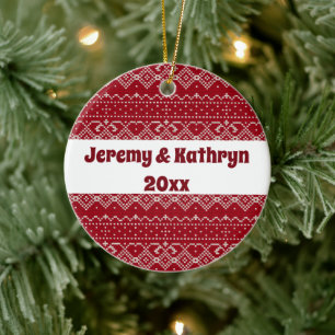 Festive Red and White Scandinavian Knit Pattern Ceramic Tree Decoration