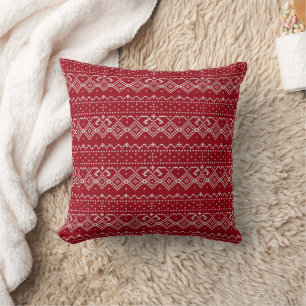 Festive Red and White Scandinavian Knit Pattern Cushion