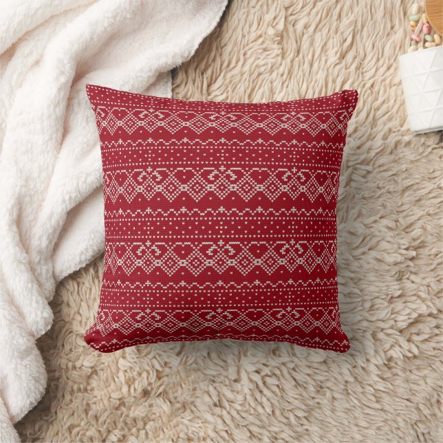 Festive Red and White Scandinavian Knit Pattern Cushion (Blanket)