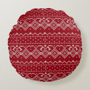Festive Red and White Scandinavian Knit Pattern  Round Cushion