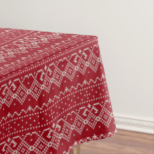 Festive Red and White Scandinavian Knit Pattern Tablecloth