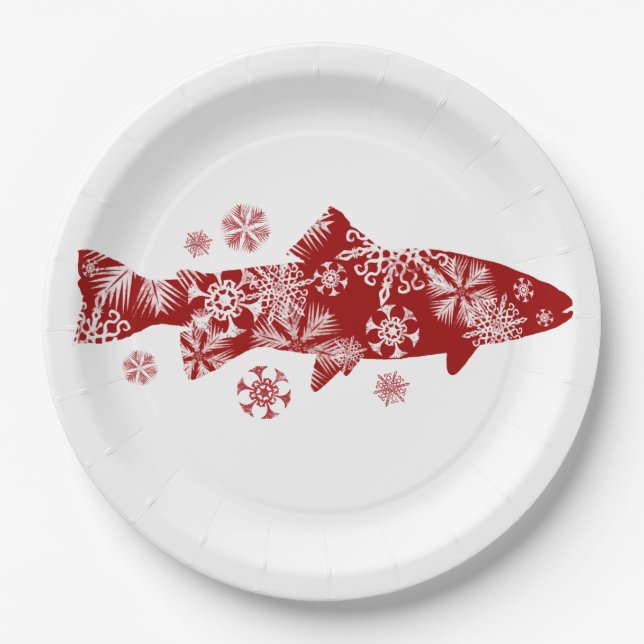 Festive Red and White Snow Trout Paper Plate (Front)