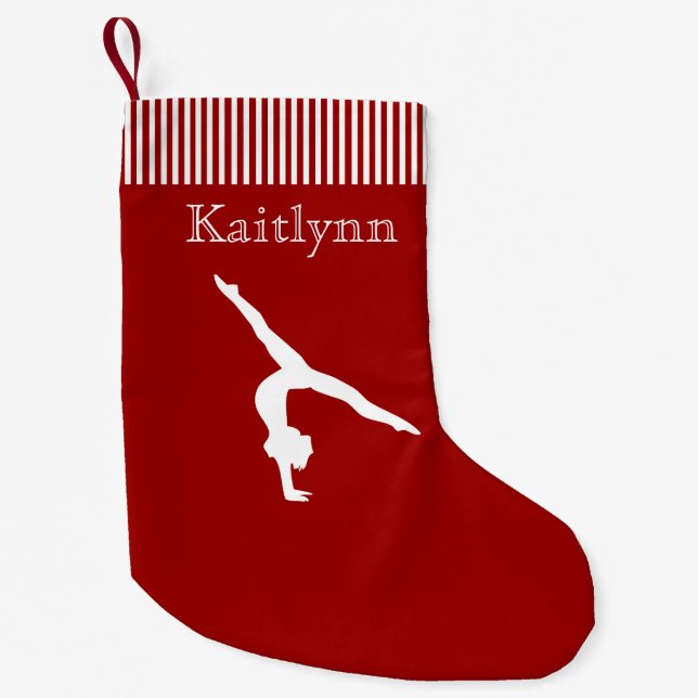 Festive Red and White Stripe Gymnastics Small Christmas Stocking (Front)