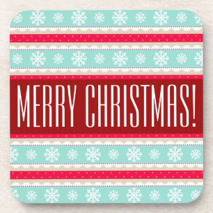 Festive Red Aqua Pattern "Merry Christmas" Coaster