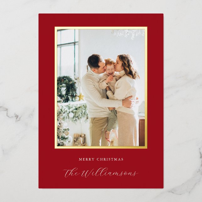 Festive Red Background Script Name Christmas Photo Foil Holiday Card (Front)