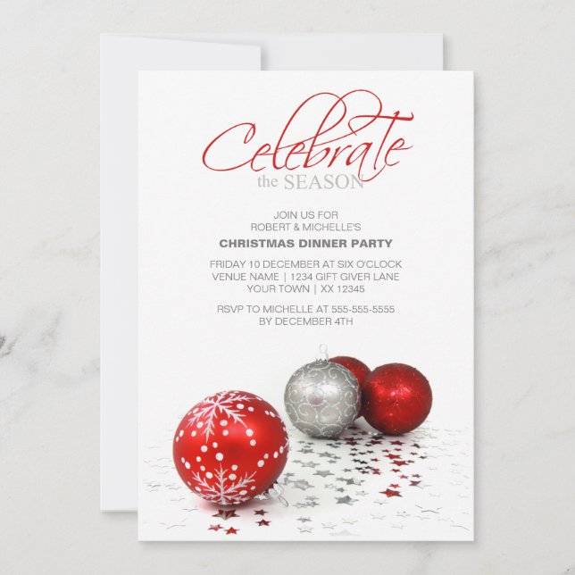 Festive Red Baubles Celebrate the Season Invitation (Front)