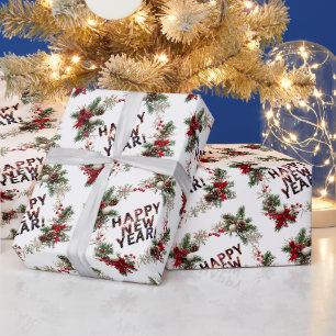 Festive Red Berries Happy New Year Pattern Wrapping Paper