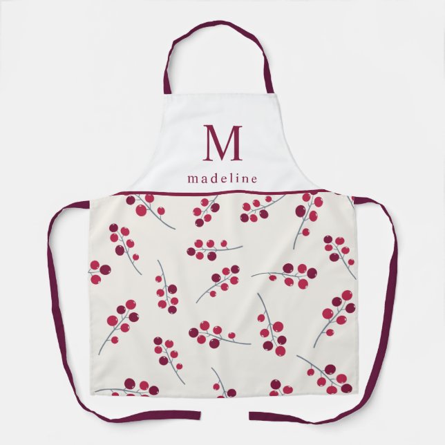 Festive Red Berries Monogram  All-Over Print Apron (Front)