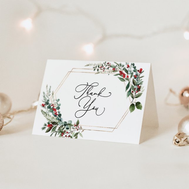 Festive Red Berries Winter Holly Greenery Thank You Card (Creator Uploaded)