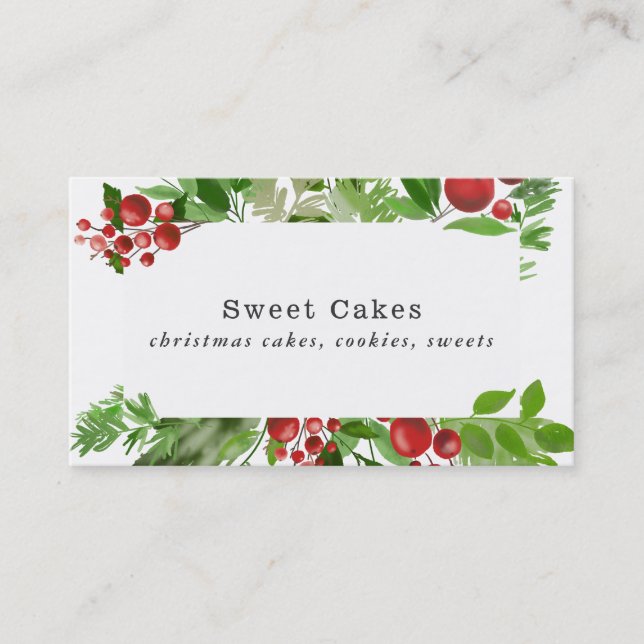 Festive Red Berry Holly Leaves Christmas Bakery Business Card (Front)