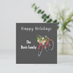 Festive Red Bike Holiday Flat Card<br><div class="desc">Festive holiday design features red bicycle watercolor illustration with a basket full of Winter greenery and seasonal decorations.  Customizable greeting and personalization in very light gray font on chalkboard gray background.</div>