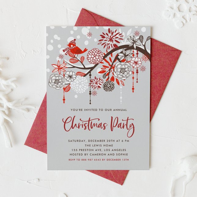 Festive Red Bird and Flowers Christmas Party Invitation (Creator Uploaded)