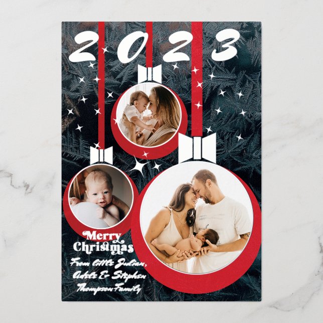 Festive Red Black First Christmas 3 Photo Collage Foil Holiday Card (Front)