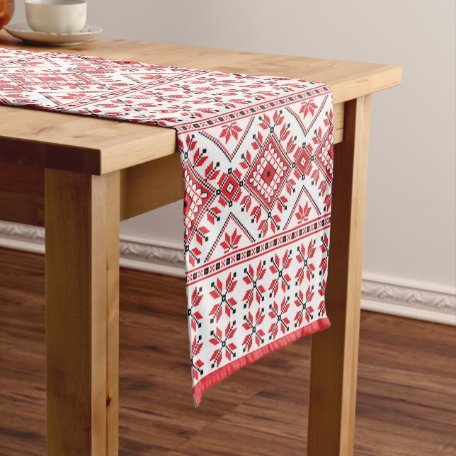 Festive Red Black Nordic Fair Isle Snowflake Motif Medium Table Runner (In Situ)