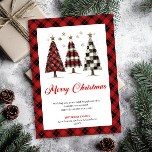 Festive Red Black Plaid Christmas Tree Watercolor Holiday Card