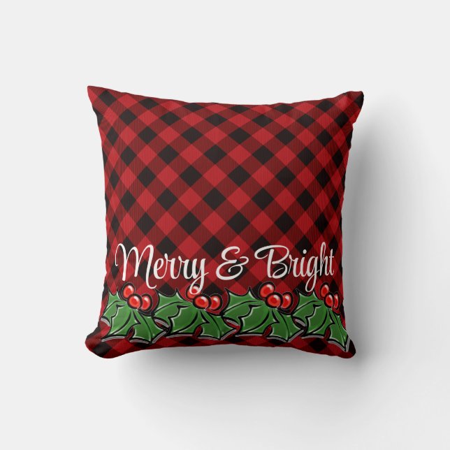 Festive red black plaid holly leaves berries cushion (Front)
