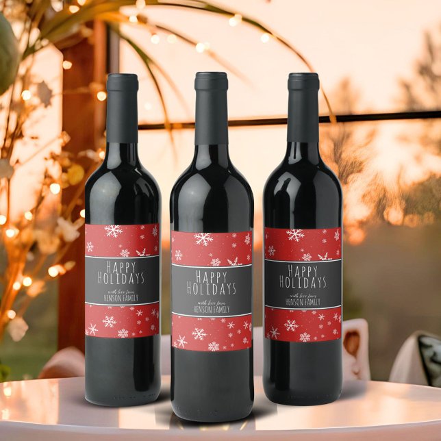 Festive Red Black Snowflakes Happy Holidays Wine Label (Creator Uploaded)