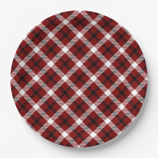 Festive Red, Black & White Christmas Plaid Paper Plate (Front)