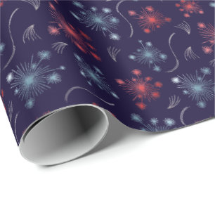 Festive Red, Blue and Silver fireworks design Wrapping Paper