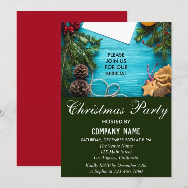 Festive Red, Blue & Green Company Christmas Party Invitation (Front/Back)