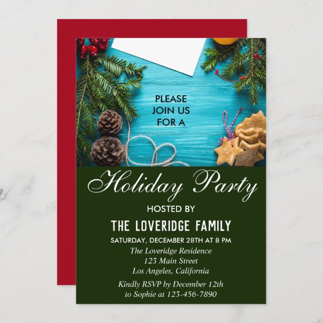 Festive Red, Blue & Green Country Holiday Party Invitation (Front/Back)