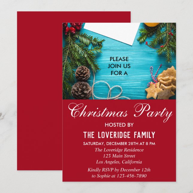 Festive Red & Blue Holiday Country Christmas Party Invitation (Front/Back)