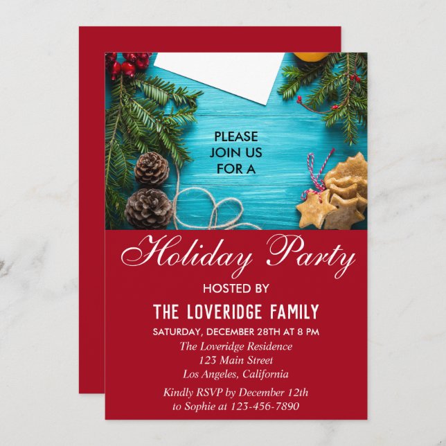 Festive Red & Blue Holiday Country Christmas Party Invitation (Front/Back)