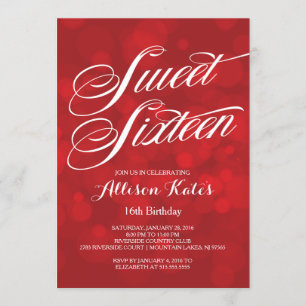 Festive Red Bokeh Lights Sweet 16TH Birthday Invitation