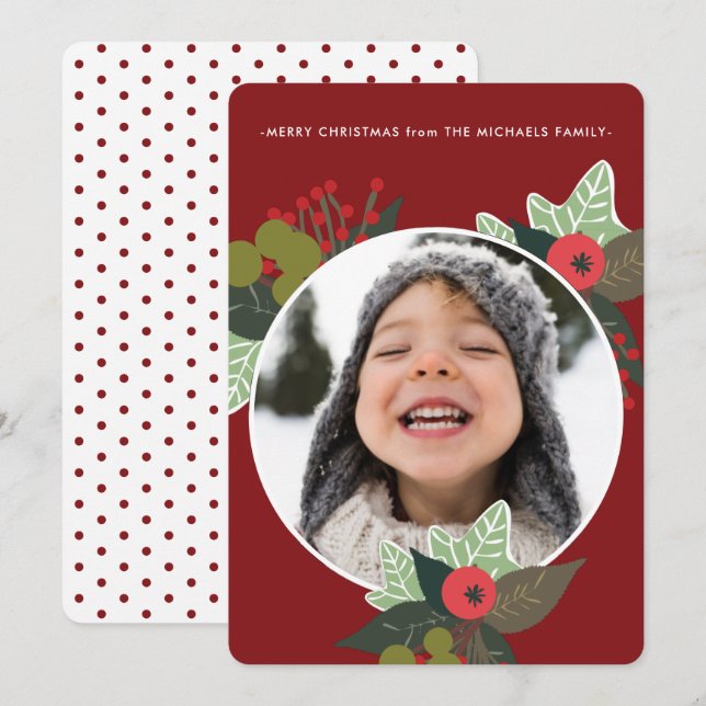 Festive Red Botanical Circle Photo Christmas Holiday Card (Front/Back)
