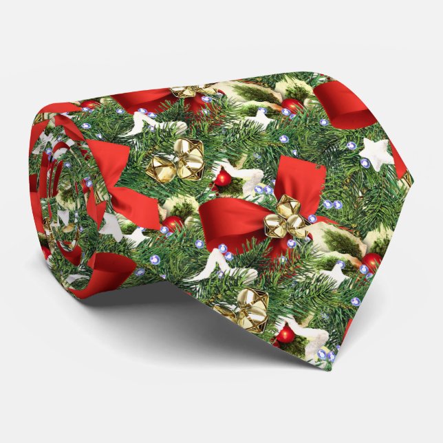 Festive Red Bow and Holly Leaves Christmas  Tie (Rolled)