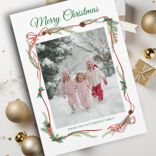 Festive Red Bow Border -1 Photo White Christmas Holiday Card