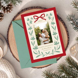 Festive Red Bow Botanical Scalloped Family Photo Holiday Card